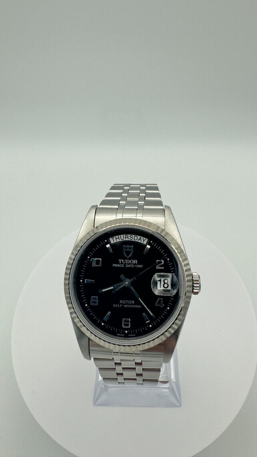 Tudor Prince Date+Day Ref. 76214 Black Dial 36mm President Armbanduhr in Silber