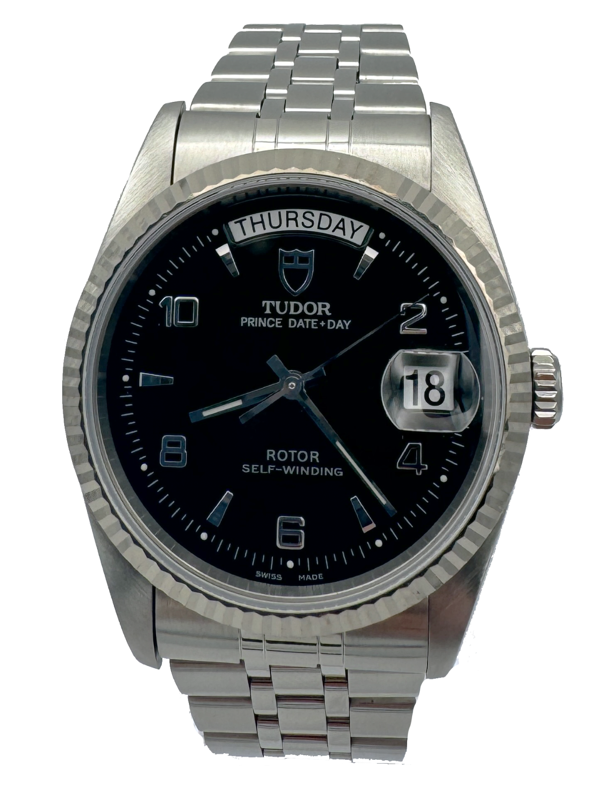 Tudor Prince Date+Day Ref. 76214 Black Dial 36mm President Armbanduhr in Silber