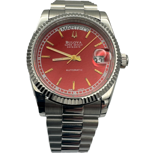 Bulova Super Seville Red Dial Day-Date President Vintage Automatik-Armbanduhr